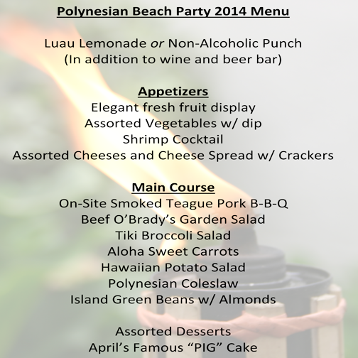 The 2014 Polynesian Beach Party menu.