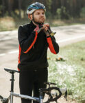 Cyclist wearing helmet